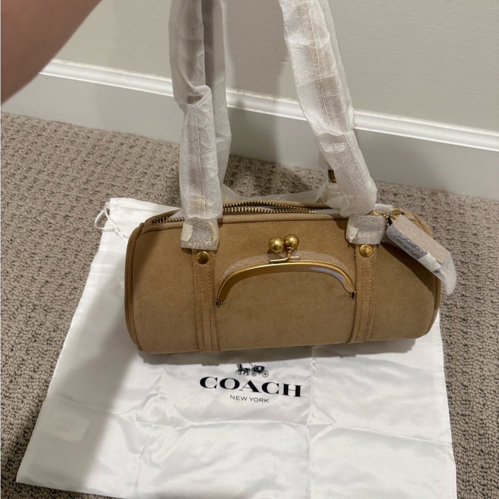 Coach Kisslock Barrel Bag Salt Suede Shoulder Bag with Gold Accents NWT